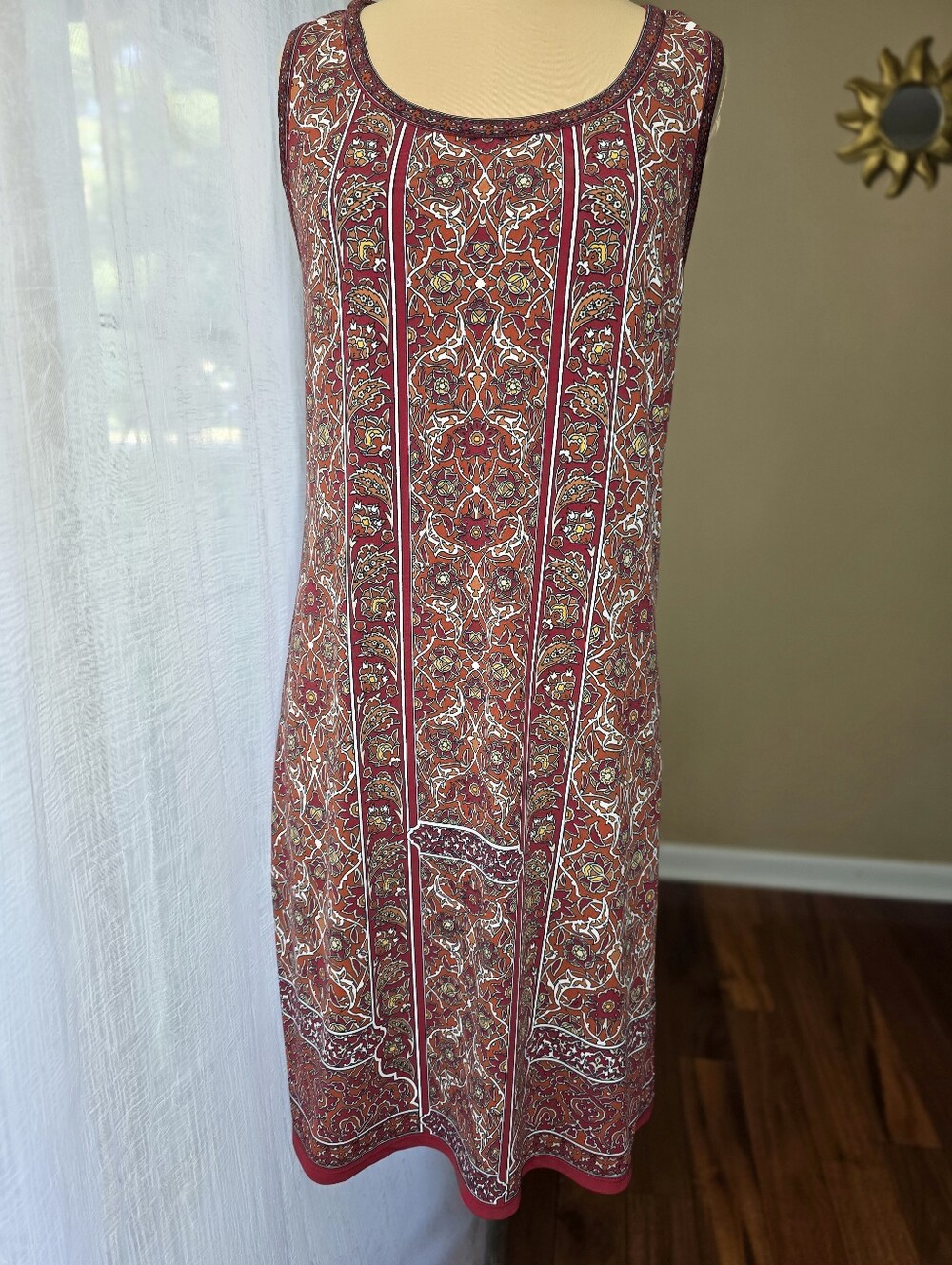 Max Studio Ornate Persian Floral Paisley Border Print Boho Shift Dress Large